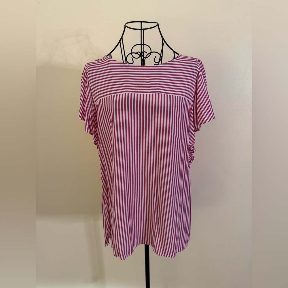 LOFT Red White Striped Flutter Short Sleeve Ruffle Sleeve Top Size Medium